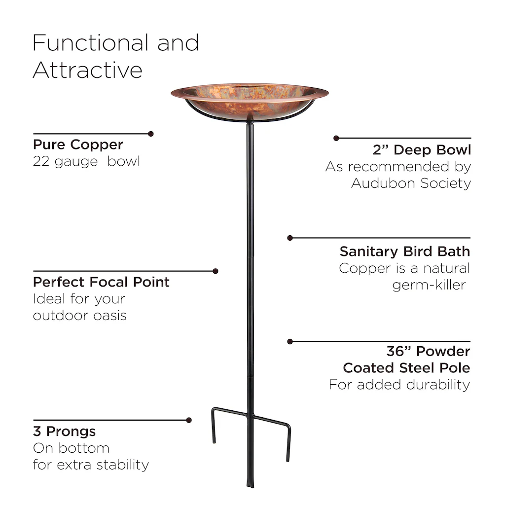 13.5-inch Fired Copper Bird Bath with Garden Pole - Image 7